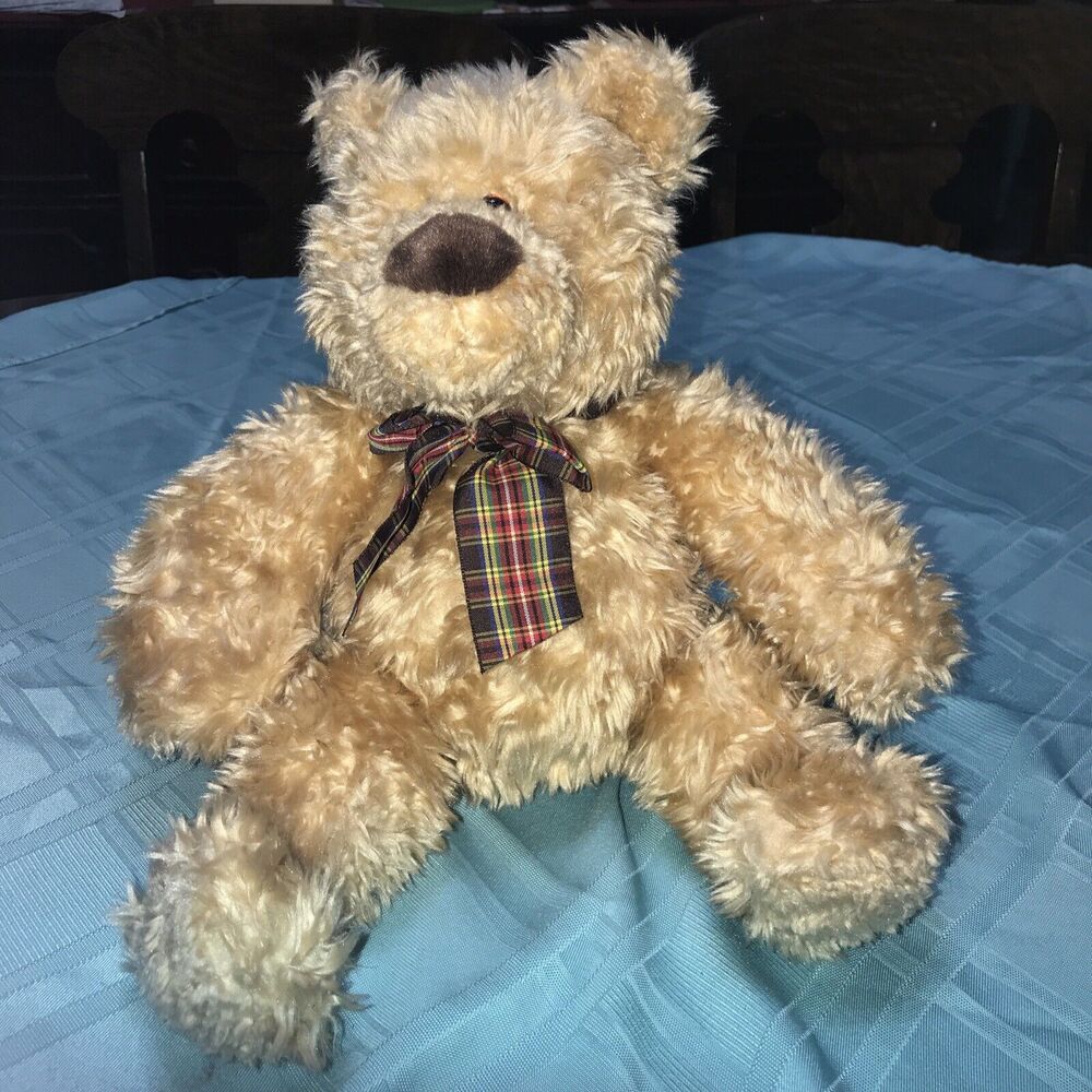 GUND 16" Plush GORDON BEAR Teddy Beige‎ Red Yellow Plaid Ribbon Stuffed